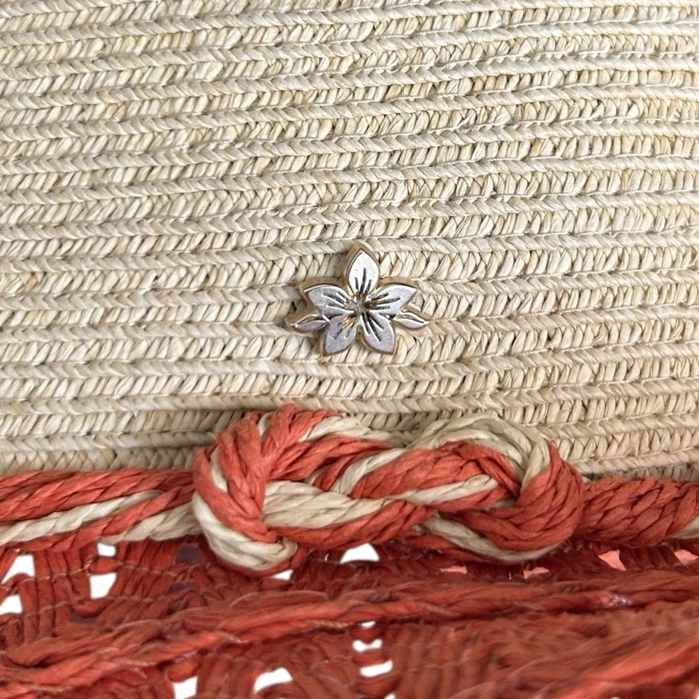 CAPPELLI Wide Brim Straw Hat Beige Orange Rope Band Metal Flower OS Summertime
